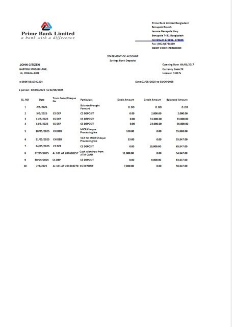 Download Bangladesh Prime bank Limited statement of account word version 2
